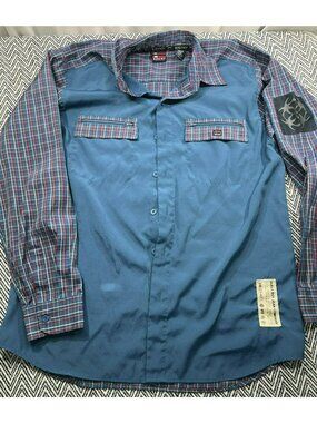 Bugle Boy Men's Medium Blue & Red Plaid Long Sleeve Button-Up Shirt With Zipper